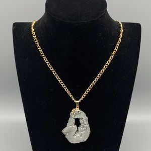 Silver agate crystal druzy necklace, electroformed gold with long gold chain